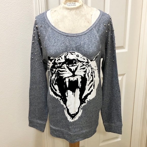 Express French Terry Sweatshirt with Shoulder Spikes and B&W Velvet Tiger - L - Picture 3 of 17